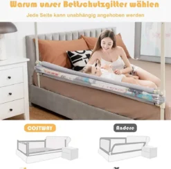 175cm Bettgitter 24 Stufen höhenverstellbares Babygitter mit Doppeltem Verschluss Grau