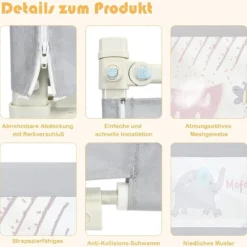 175cm Bettgitter 24 Stufen höhenverstellbares Babygitter mit Doppeltem Verschluss Grau