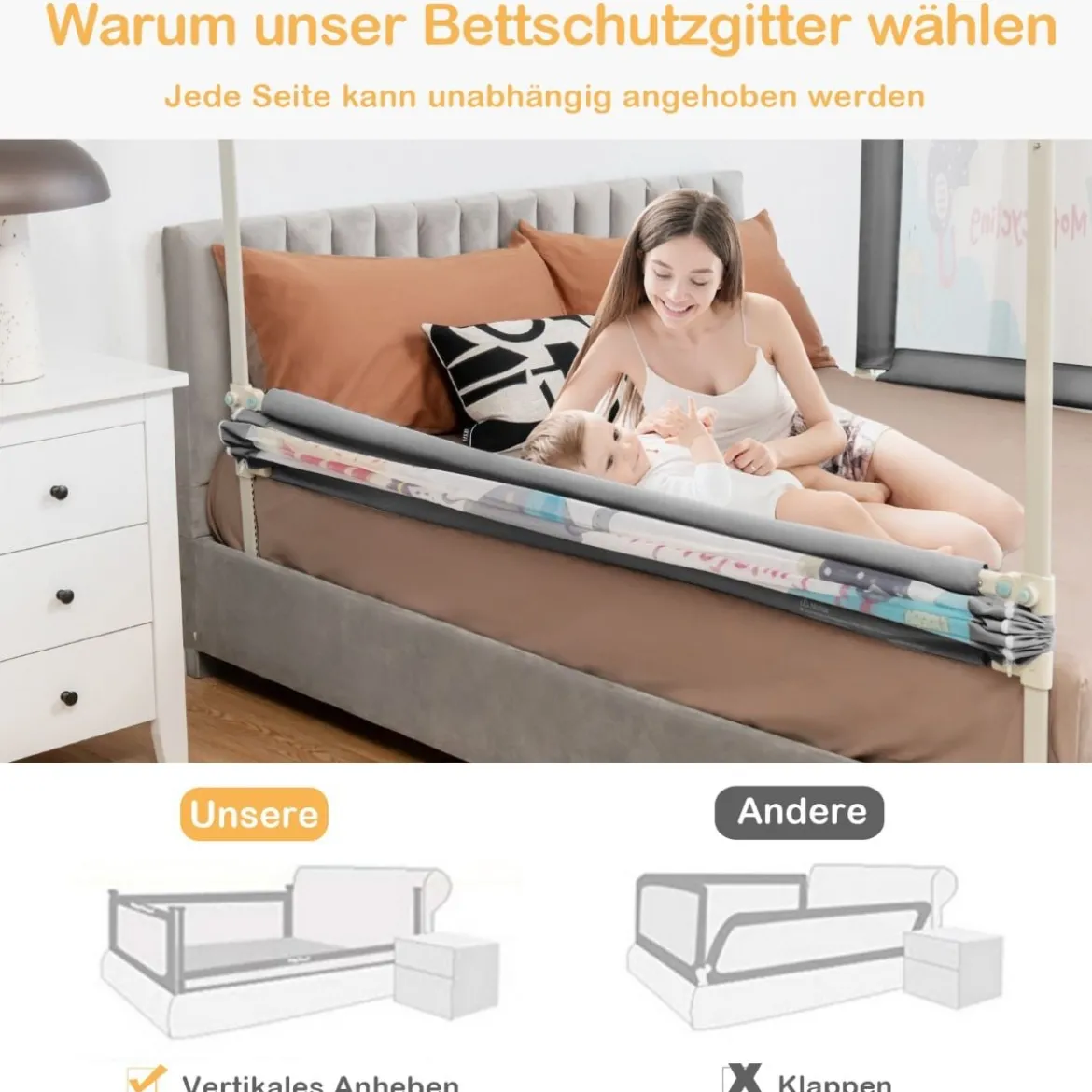 175cm Bettgitter 24 Stufen höhenverstellbares Babygitter mit Doppeltem Verschluss Dunkelgrau