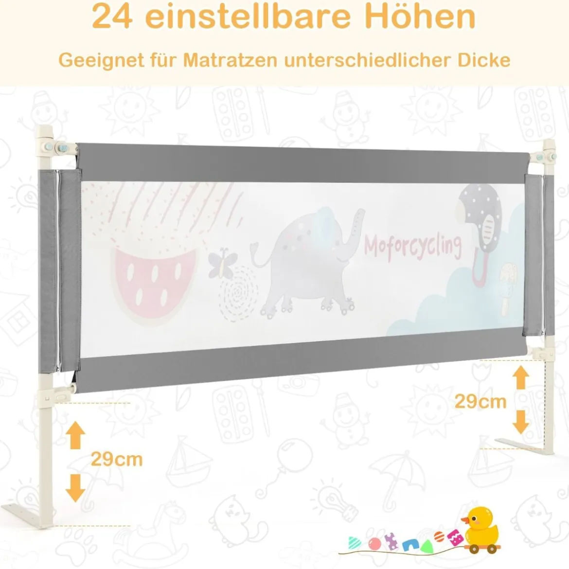 175cm Bettgitter 24 Stufen höhenverstellbares Babygitter mit Doppeltem Verschluss Dunkelgrau