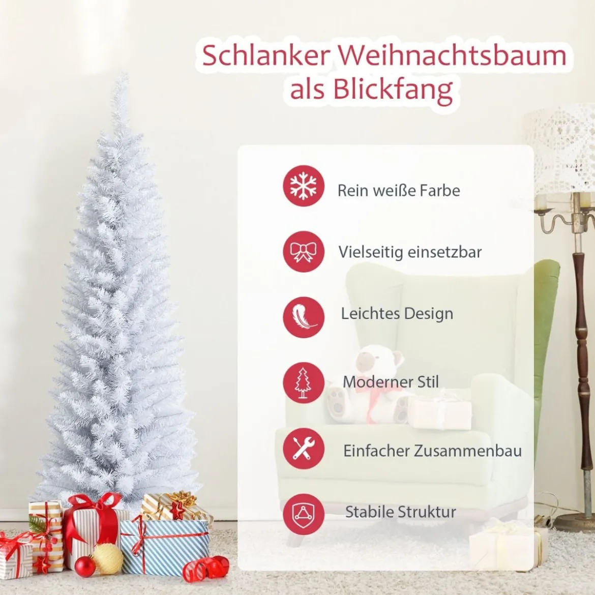 150 cm Bleistift künstlicher Weihnachtsbaum unbeleuchteter lebensechter Tannenbaum Weiß