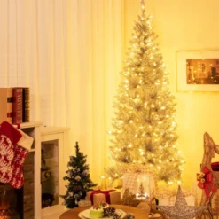 180 cm Bleistift Lametta-Weihnachtsbaum mit Warmweißen LED-Leuchten Schlanker Christbaum