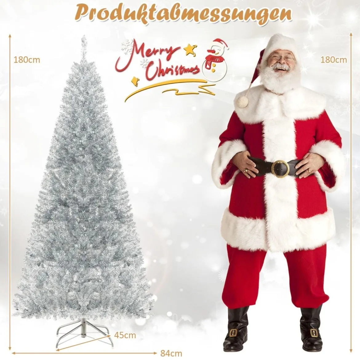 180 cm Bleistift Lametta-Weihnachtsbaum mit Warmweißen LED-Leuchten Schlanker Christbaum