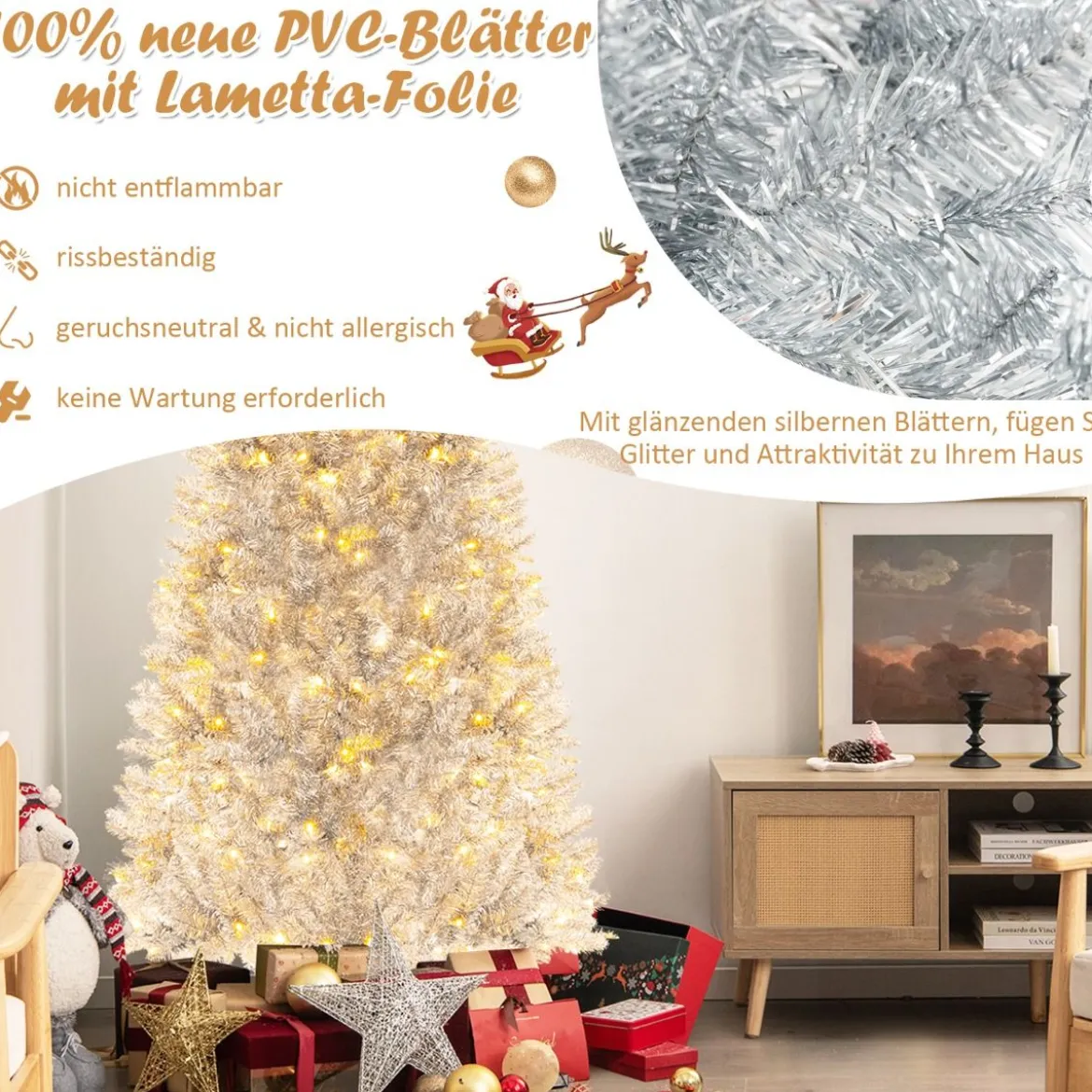 180 cm Bleistift Lametta-Weihnachtsbaum mit Warmweißen LED-Leuchten Schlanker Christbaum