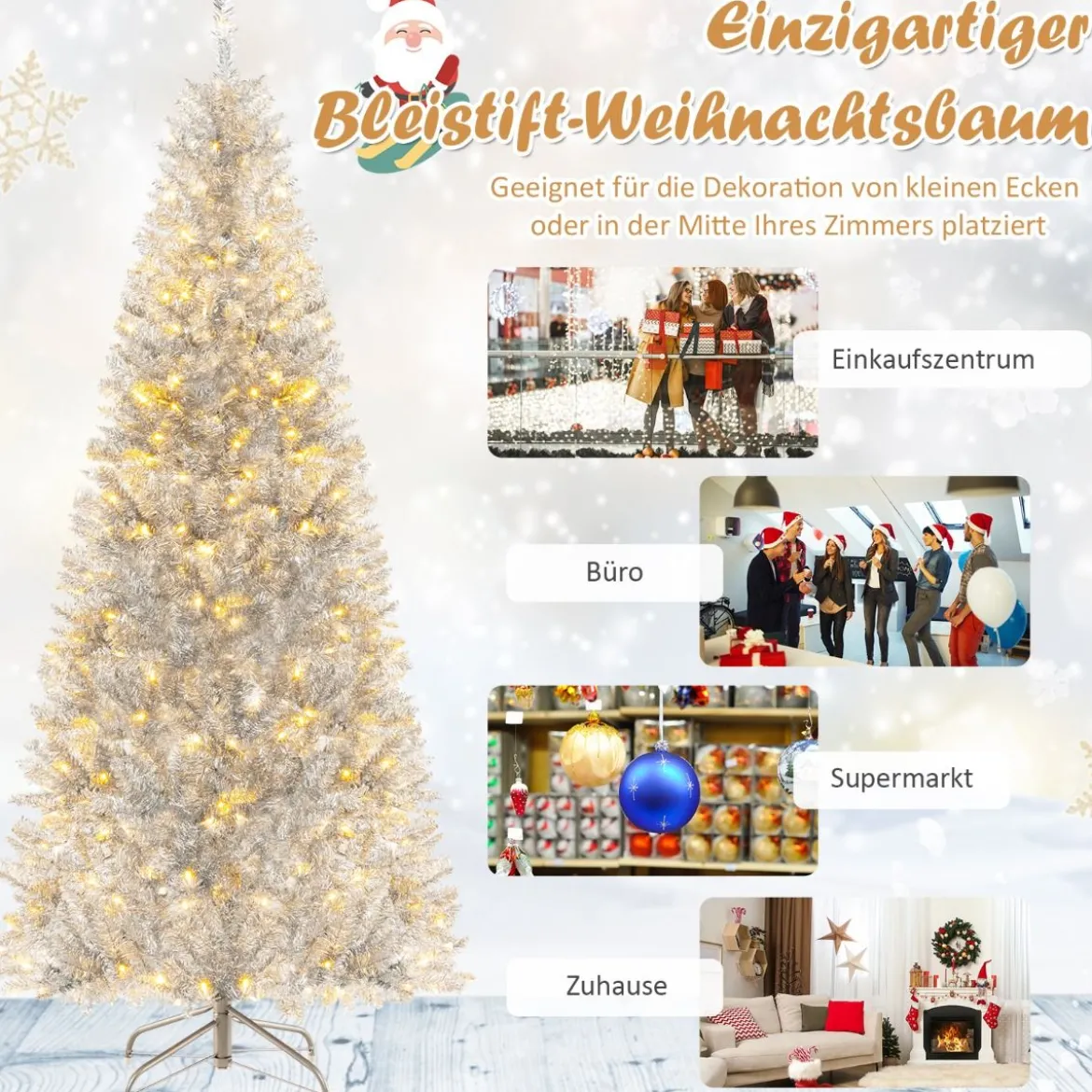 180 cm Bleistift Lametta-Weihnachtsbaum mit Warmweißen LED-Leuchten Schlanker Christbaum