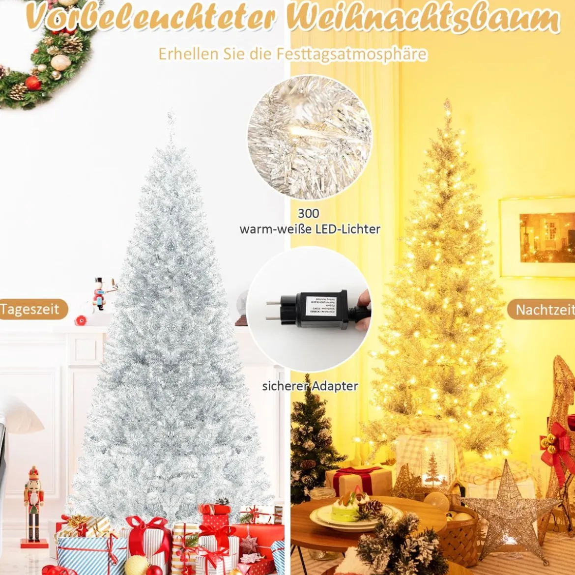 180 cm Bleistift Lametta-Weihnachtsbaum mit Warmweißen LED-Leuchten Schlanker Christbaum