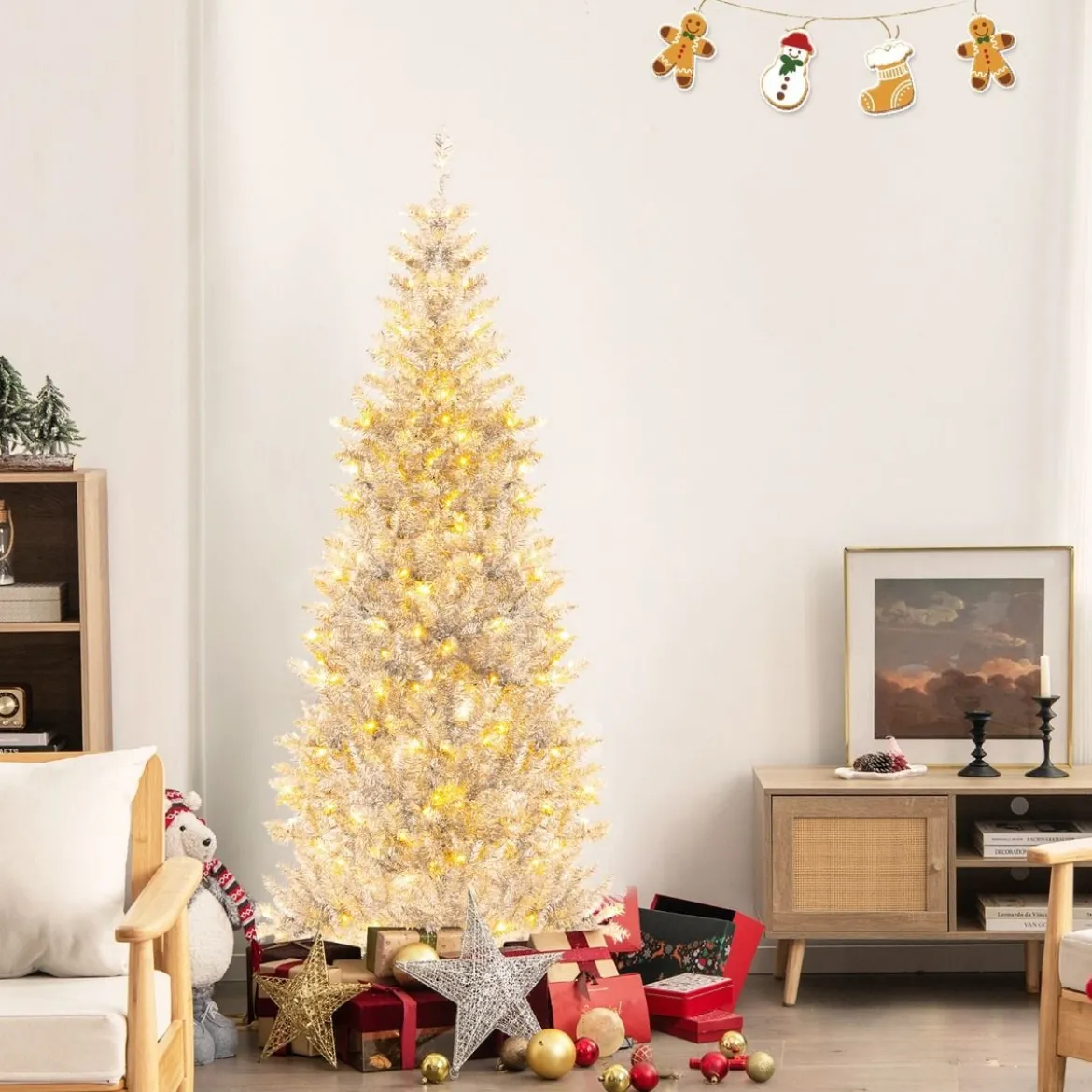 180 cm Bleistift Lametta-Weihnachtsbaum mit Warmweißen LED-Leuchten Schlanker Christbaum