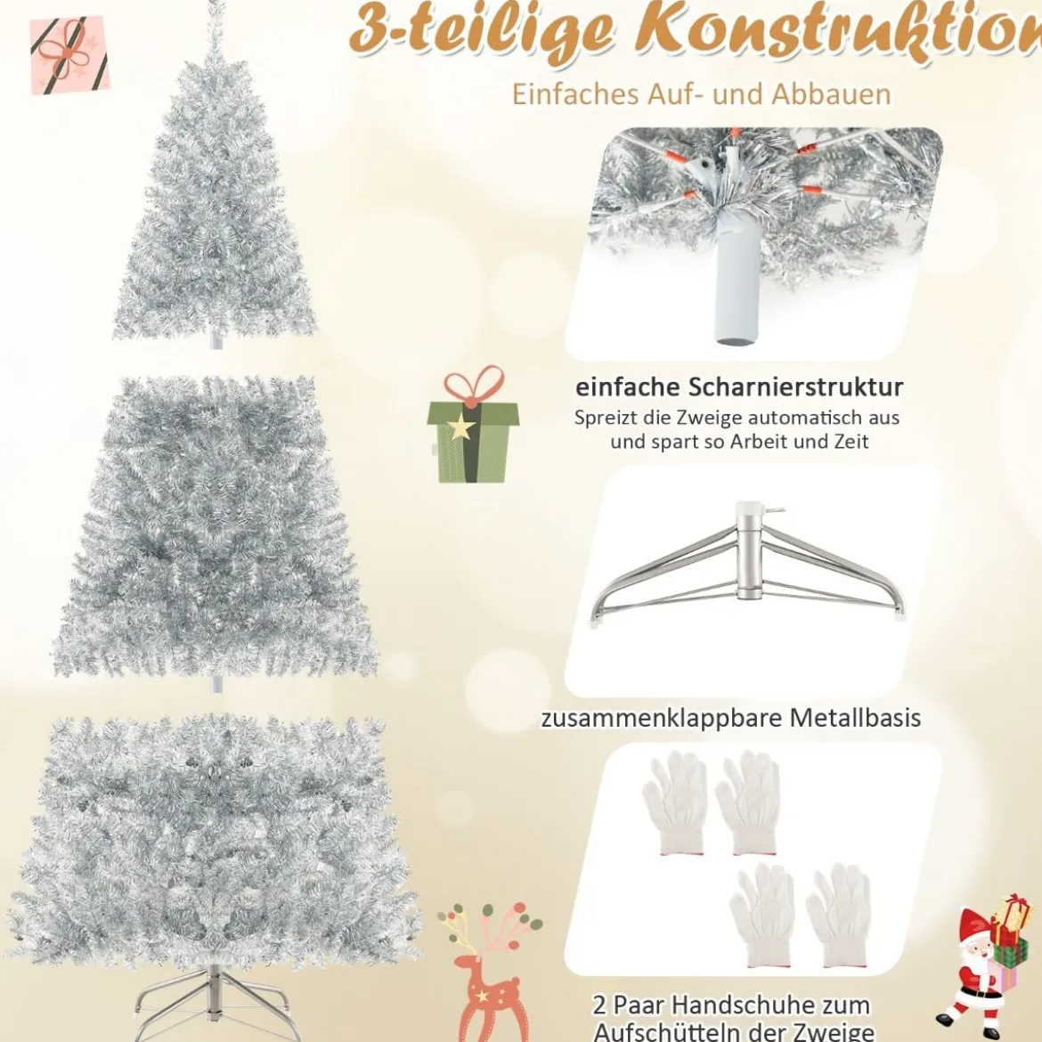 180 cm Bleistift Lametta-Weihnachtsbaum mit Warmweißen LED-Leuchten Schlanker Christbaum
