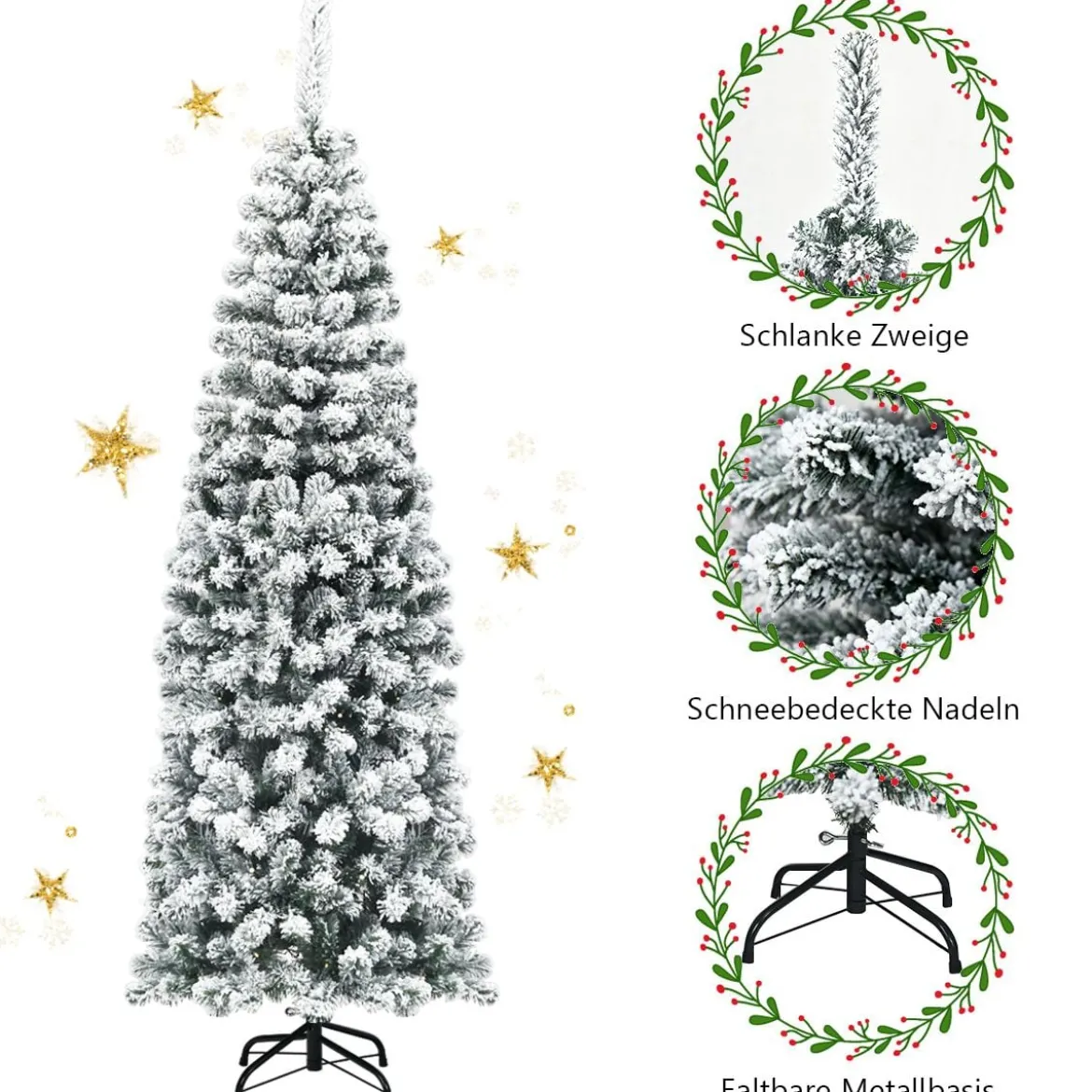 180 cm Bleistift Weihnachtsbaum mit Schnee künstlicher Tannenbaum mit Metallständer Grün + Weiß