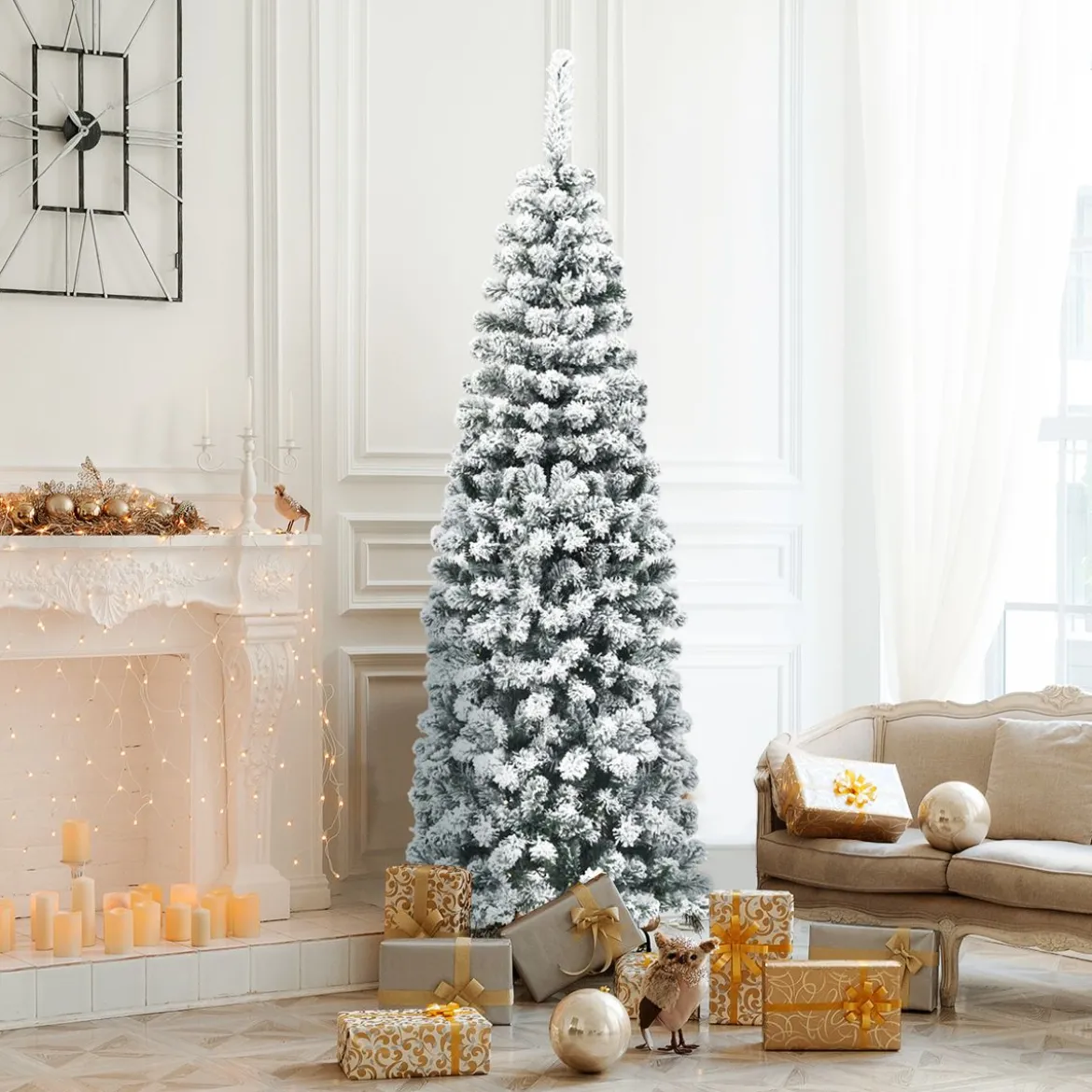 180 cm Bleistift Weihnachtsbaum mit Schnee künstlicher Tannenbaum mit Metallständer Grün + Weiß