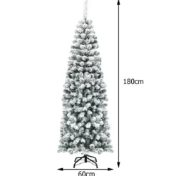 180 cm Bleistift Weihnachtsbaum mit Schnee künstlicher Tannenbaum mit Metallständer Grün + Weiß