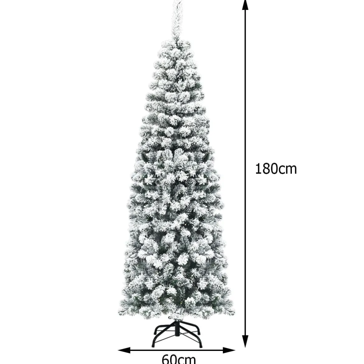 180 cm Bleistift Weihnachtsbaum mit Schnee künstlicher Tannenbaum mit Metallständer Grün + Weiß