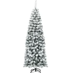 180 cm Bleistift Weihnachtsbaum mit Schnee künstlicher Tannenbaum mit Metallständer Grün + Weiß