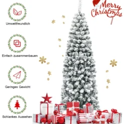 180 cm Bleistift Weihnachtsbaum mit Schnee künstlicher Tannenbaum mit Metallständer Grün + Weiß