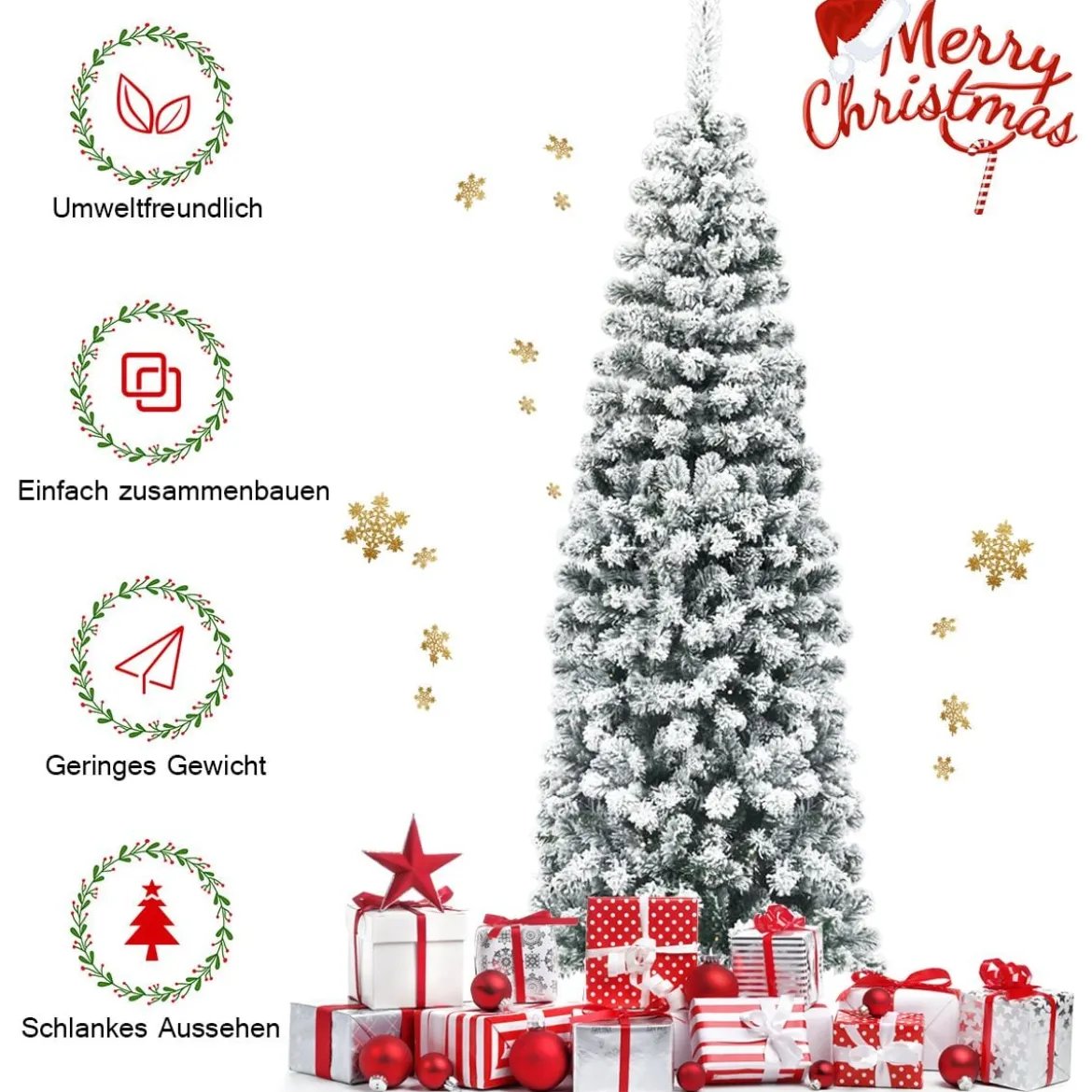 180 cm Bleistift Weihnachtsbaum mit Schnee künstlicher Tannenbaum mit Metallständer Grün + Weiß