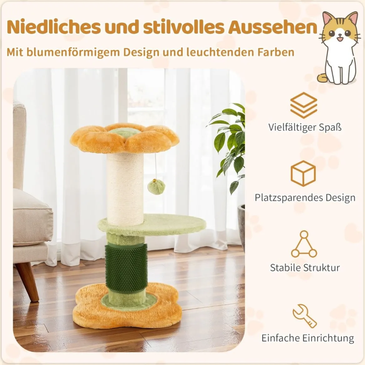69 cm Blumen Katzenbaum mit Gepolstertem Plüsch-Sitzplatz Kleiner Kletterbaum Kratzbaum Gelb
