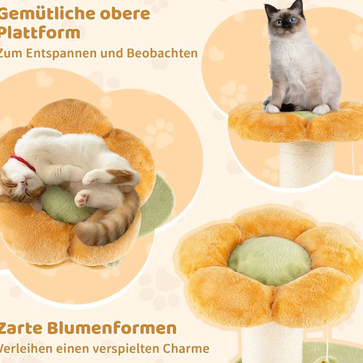 69 cm Blumen Katzenbaum mit Gepolstertem Plüsch-Sitzplatz Kleiner Kletterbaum Kratzbaum Gelb