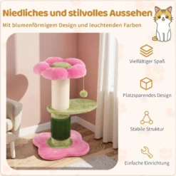 69 cm Blumen Katzenbaum mit Gepolstertem Plüsch-Sitzplatz Kleiner Kletterbaum Kratzbaum Rosa