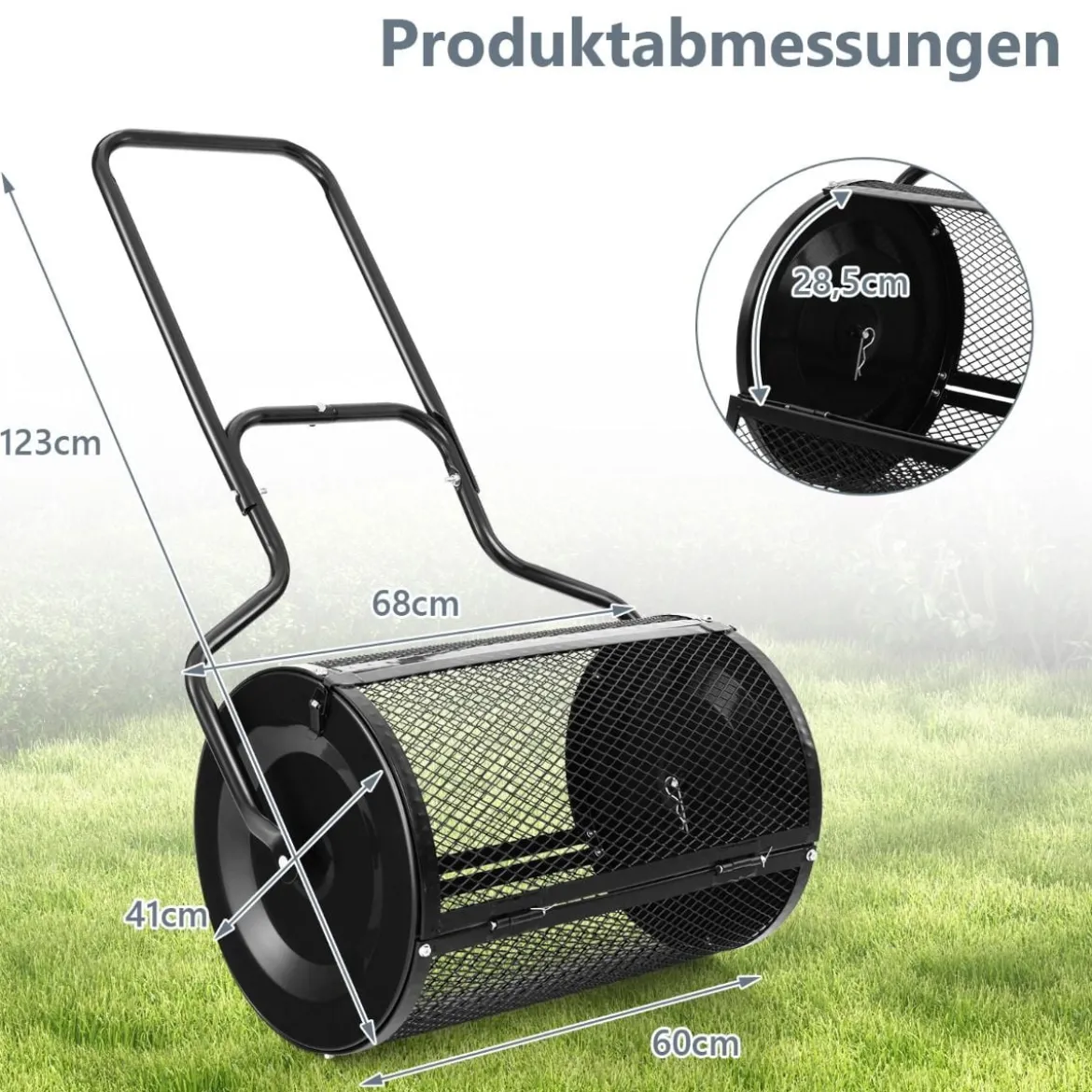 68 cm Breiter Kompoststreuer mit Verbesserten Seitlichen Riegeln & U-förmigem Griff Schwarz