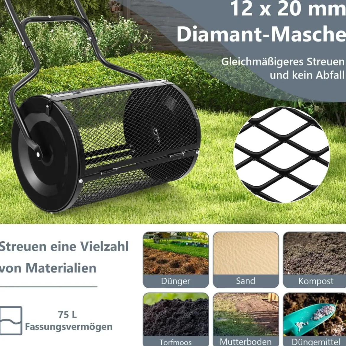 68 cm Breiter Kompoststreuer mit Verbesserten Seitlichen Riegeln & U-förmigem Griff Schwarz