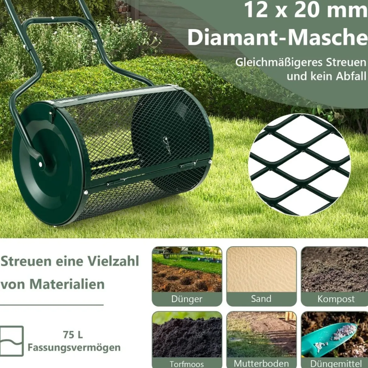 68 cm Breiter Kompoststreuer mit Verbesserten Seitlichen Riegeln & U-förmigem Griff Grün