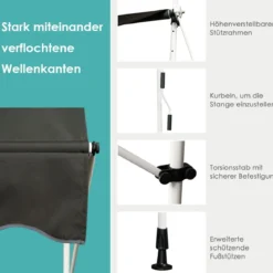 200 cm Breit Klemmmarkise ohne Bohren UV-beständige Balkonmarkise Höhenverstellbare Markise Grau