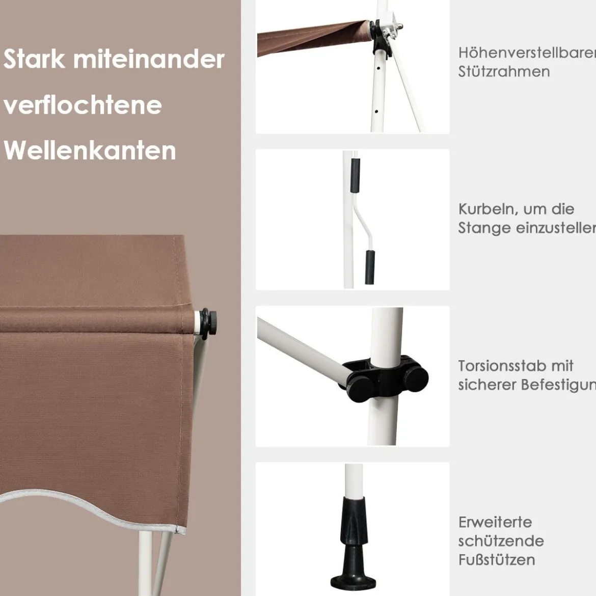 150 cm Breit Klemmmarkise ohne Bohren UV-beständige Balkonmarkise Höhenverstellbare Markise Kaffee