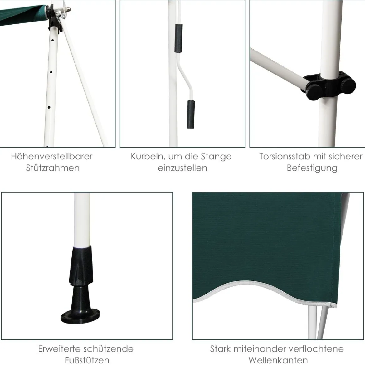 250 cm Breit Klemmmarkise ohne Bohren UV-beständige Balkonmarkise Höhenverstellbare Markise Grün