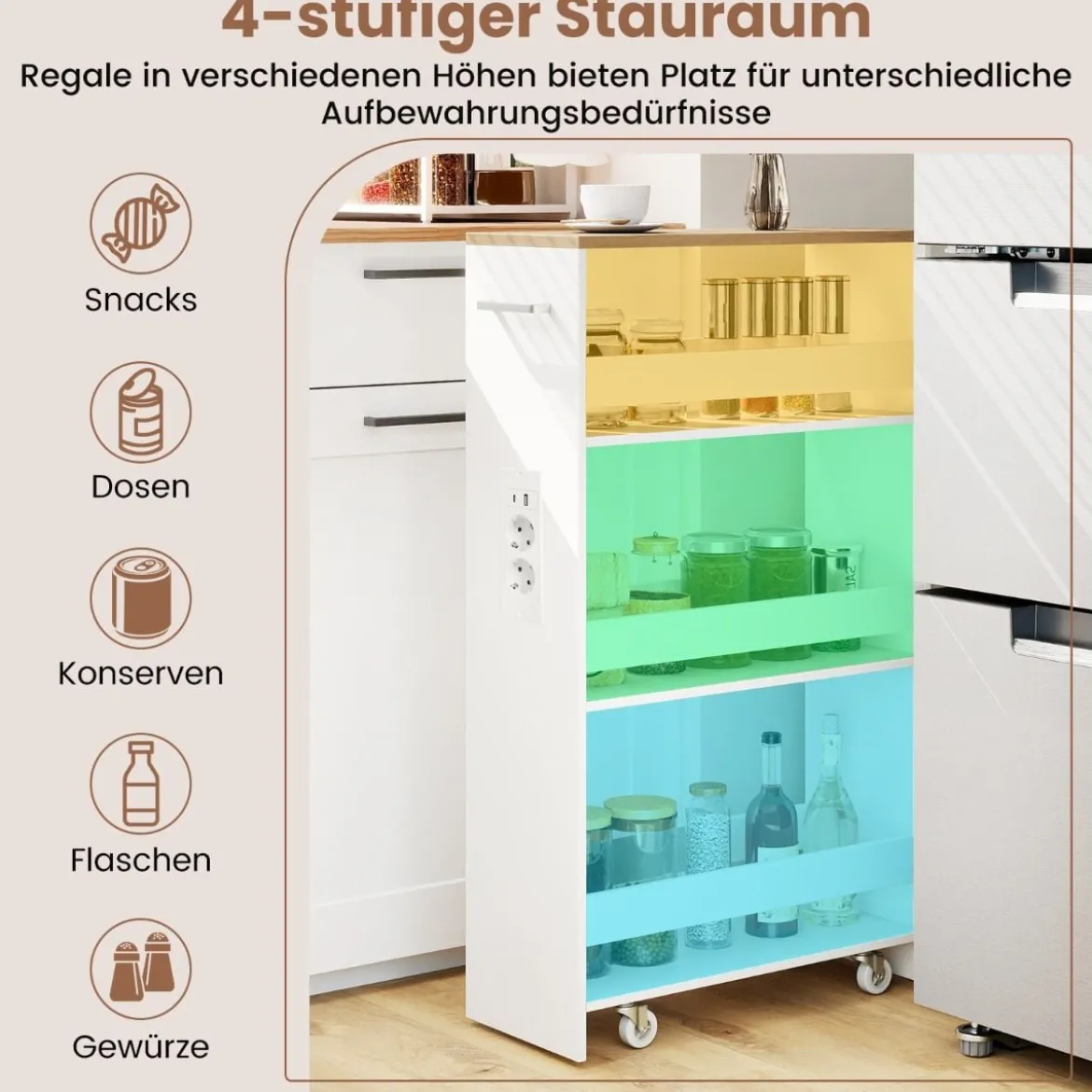20 cm Breit Nischenwagen auf Rollen 4 Etagen Schmal Küchenwagen Servierwagen Weiß + Natur