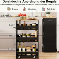 30cm Breit Nischenwagen mit Griff & Geländern 4 Etagen Küchenwagen Nischenregal Schwarz