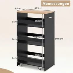 30cm Breit Nischenwagen mit Griff & Geländern 4 Etagen Küchenwagen Nischenregal Schwarz