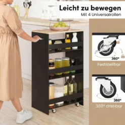 30cm Breit Nischenwagen mit Griff & Geländern 4 Etagen Küchenwagen Nischenregal Schwarz