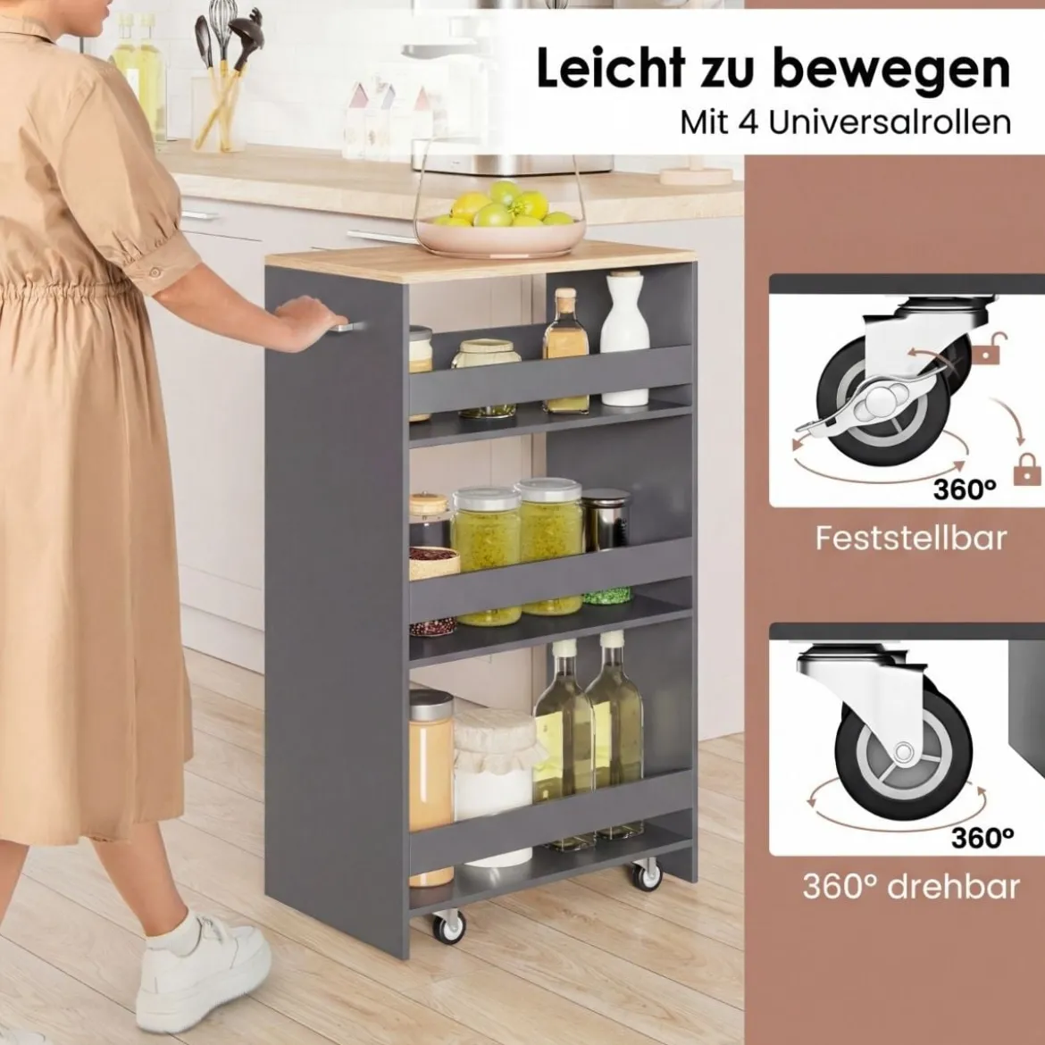 30cm Breit Nischenwagen mit Griff & Geländern 4 Etagen Küchenwagen Nischenregal Grau
