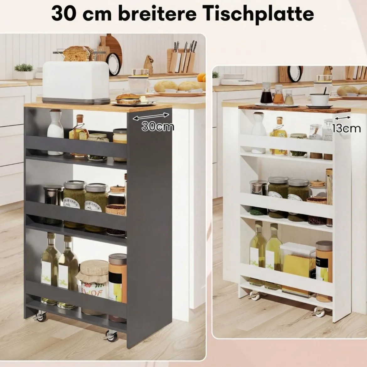 30cm Breit Nischenwagen mit Griff & Geländern 4 Etagen Küchenwagen Nischenregal Grau