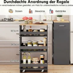 30cm Breit Nischenwagen mit Griff & Geländern 4 Etagen Küchenwagen Nischenregal Grau
