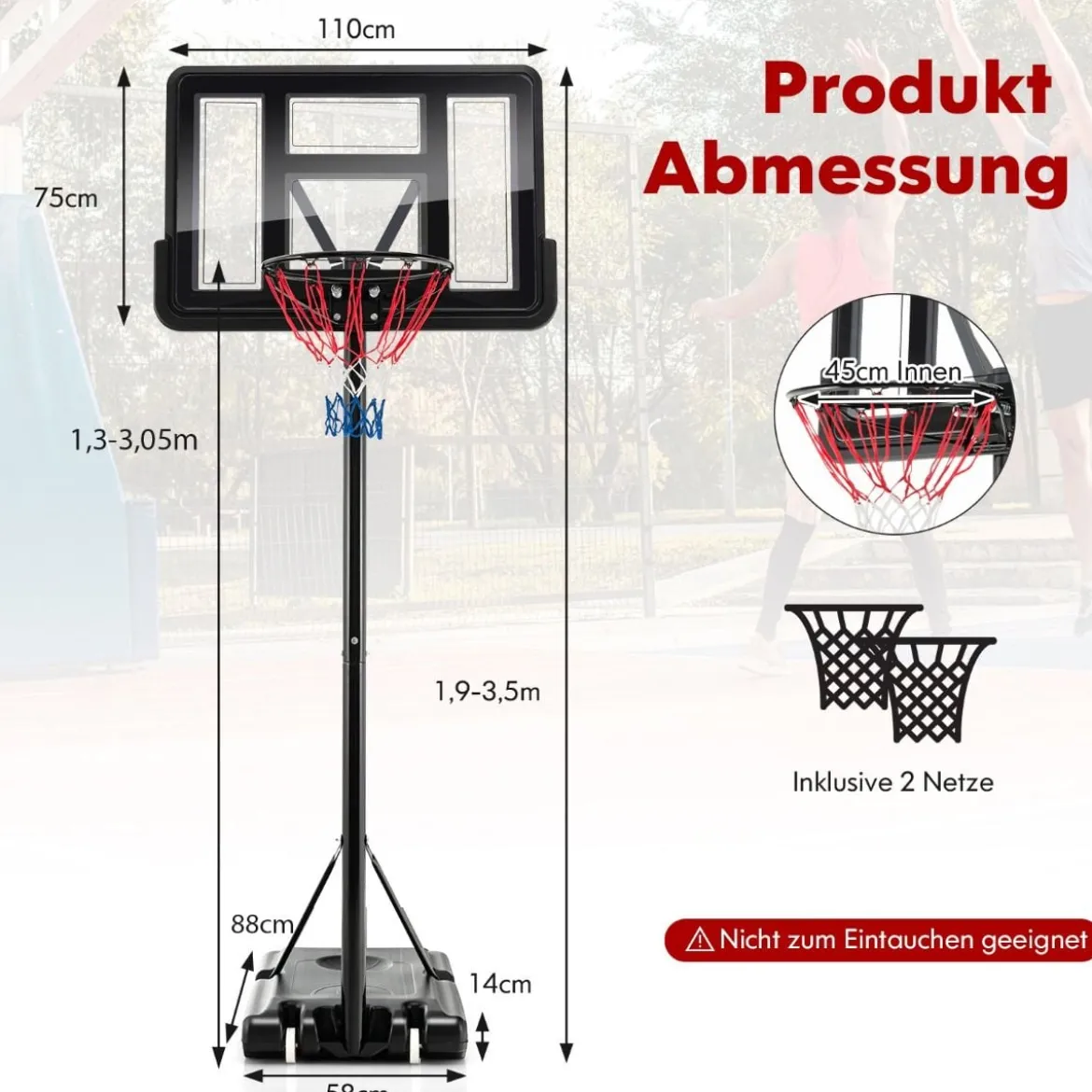 130 cm - 305 cm Höhenverstellbarer Basketballkorb mit Ständer & 2 Rädern Korbständer Schwarz