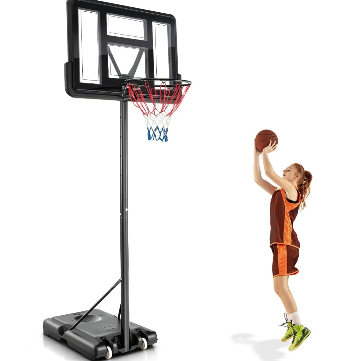 130 cm - 305 cm Höhenverstellbarer Basketballkorb mit Ständer & 2 Rädern Korbständer Schwarz