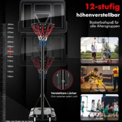 130 cm - 305 cm Höhenverstellbarer Basketballkorb mit Ständer & 2 Rädern Korbständer Schwarz