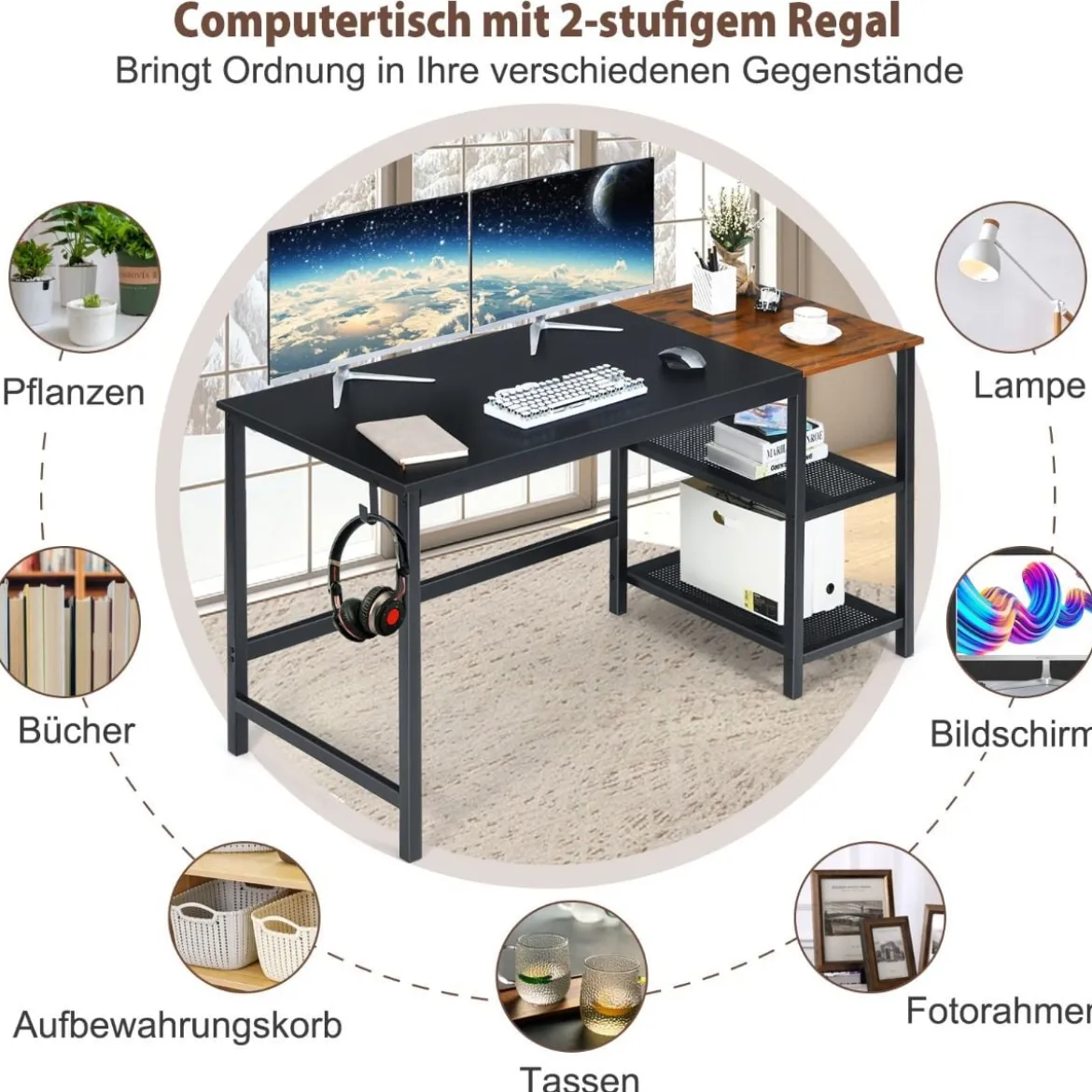 150 cm Computertisch mit Herausnehmbaren Ablagefächern & Kopfhörerhaken Schwarz