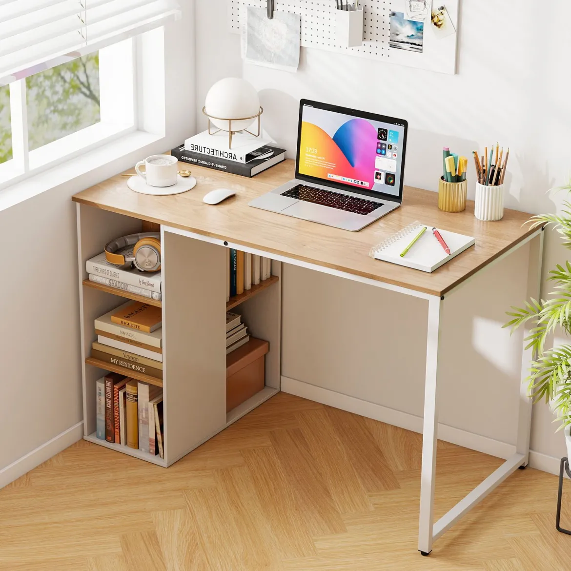 115 cm Computertisch moderner Home-Office-Schreibtisch mit 5 Aufbewahrungsfächern Schreibtisch Natur