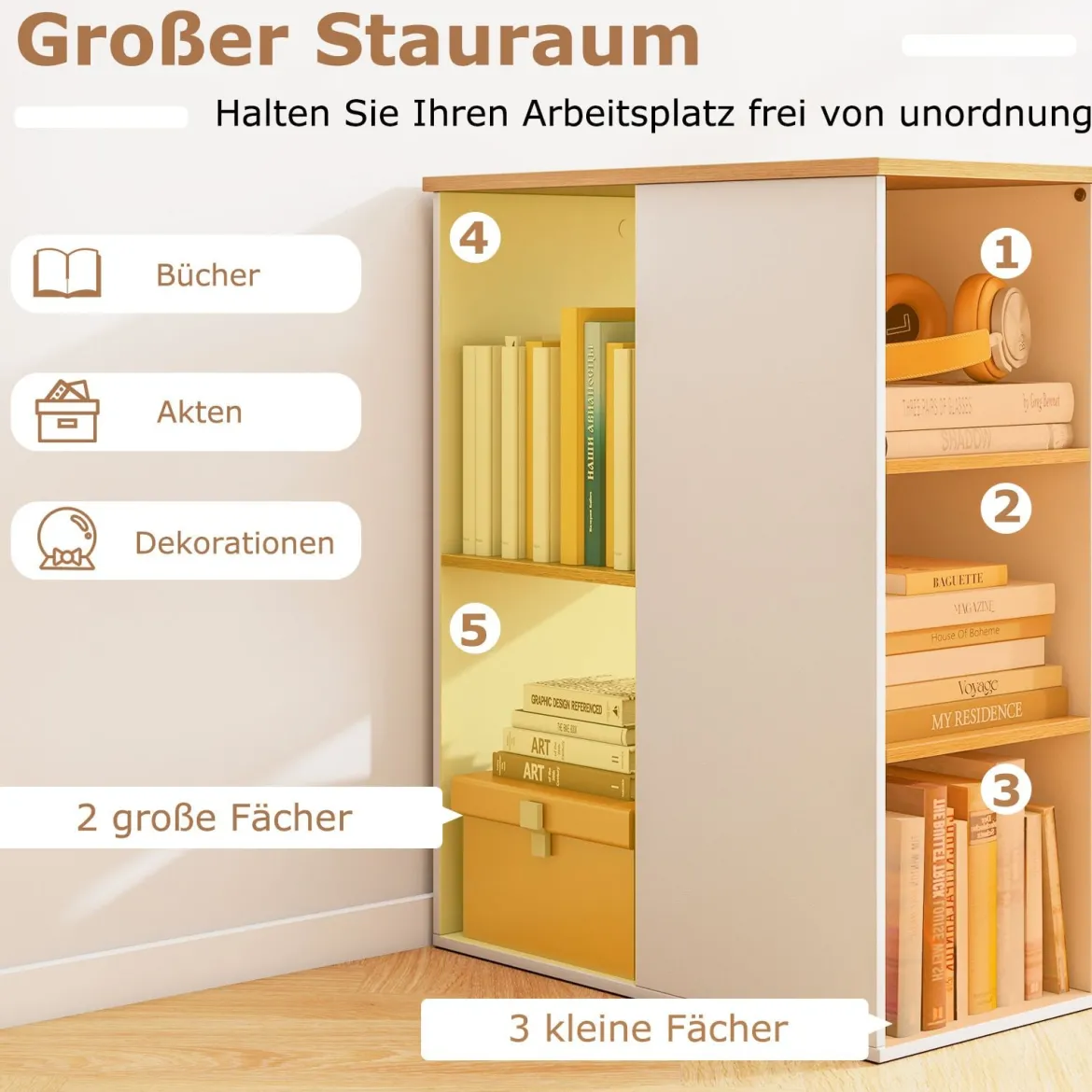 115 cm Computertisch moderner Home-Office-Schreibtisch mit 5 Aufbewahrungsfächern Schreibtisch Natur