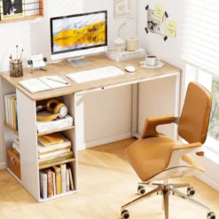 115 cm Computertisch moderner Home-Office-Schreibtisch mit 5 Aufbewahrungsfächern Schreibtisch Natur
