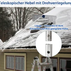 160 - 610 cm Dach Schneeräumer aus Alu + TPE mit Rollen und ausziehbarem Griff Schneeschaufel Silber