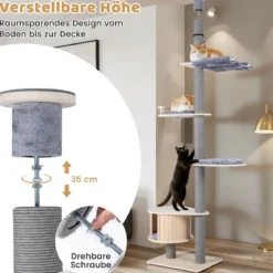 236-271 cm Deckenhoch Kratzbaum mit Hängematte & Plattform & Höhle 5-stöckiger Katzenbaum Grau