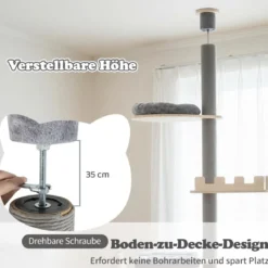 236-271 cm Deckenhoch Kratzbaum mit Hängematte & Korb & Bett 5-stöckiger Katzenbaum Grau