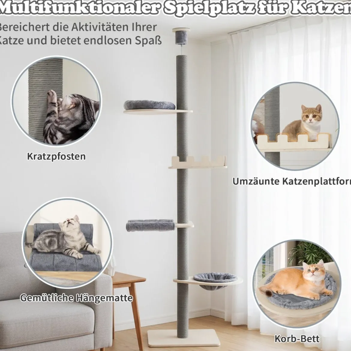236-271 cm Deckenhoch Kratzbaum mit Hängematte & Korb & Bett 5-stöckiger Katzenbaum Grau