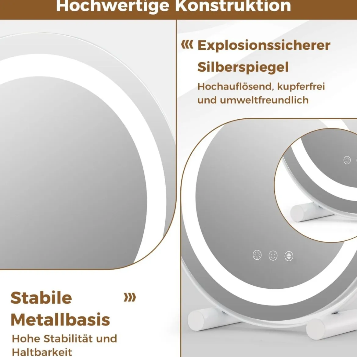 Ø 30 cm Dimmbarer Kosmetikspiegel mit Beleuchtung & Touchschalter & Speicherfunktion