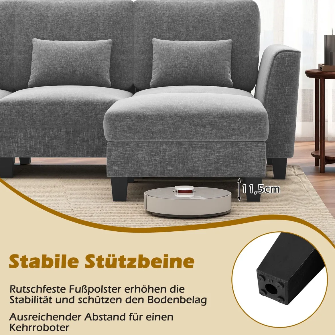 280 cm Ecksofa mit 2 Ottomane U-förmiges modulares Sofa mit USB- & Type-C-Ladeanschlüssen 4-Sitzer Sofa-Set Grau