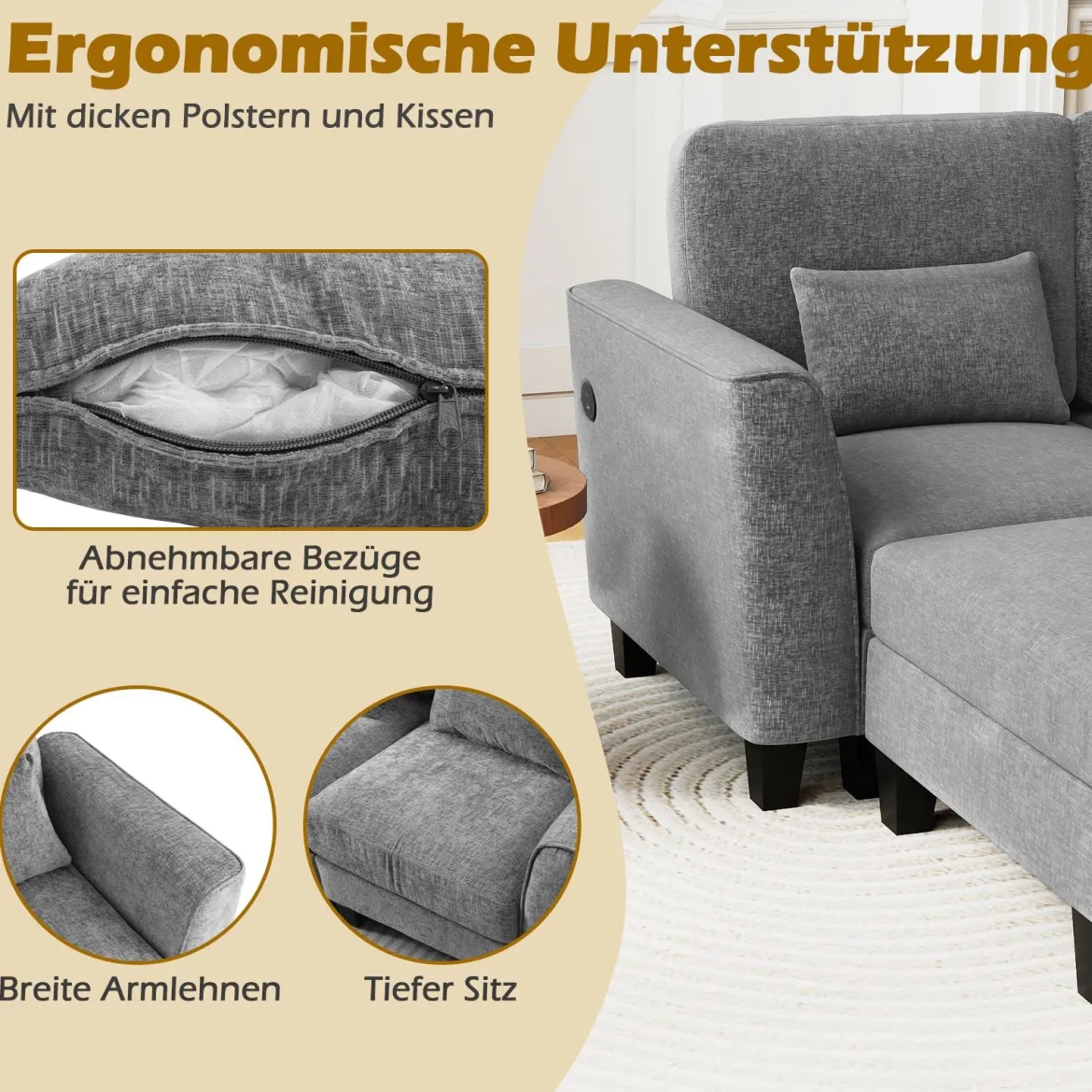 280 cm Ecksofa mit 2 Ottomane U-förmiges modulares Sofa mit USB- & Type-C-Ladeanschlüssen 4-Sitzer Sofa-Set Grau