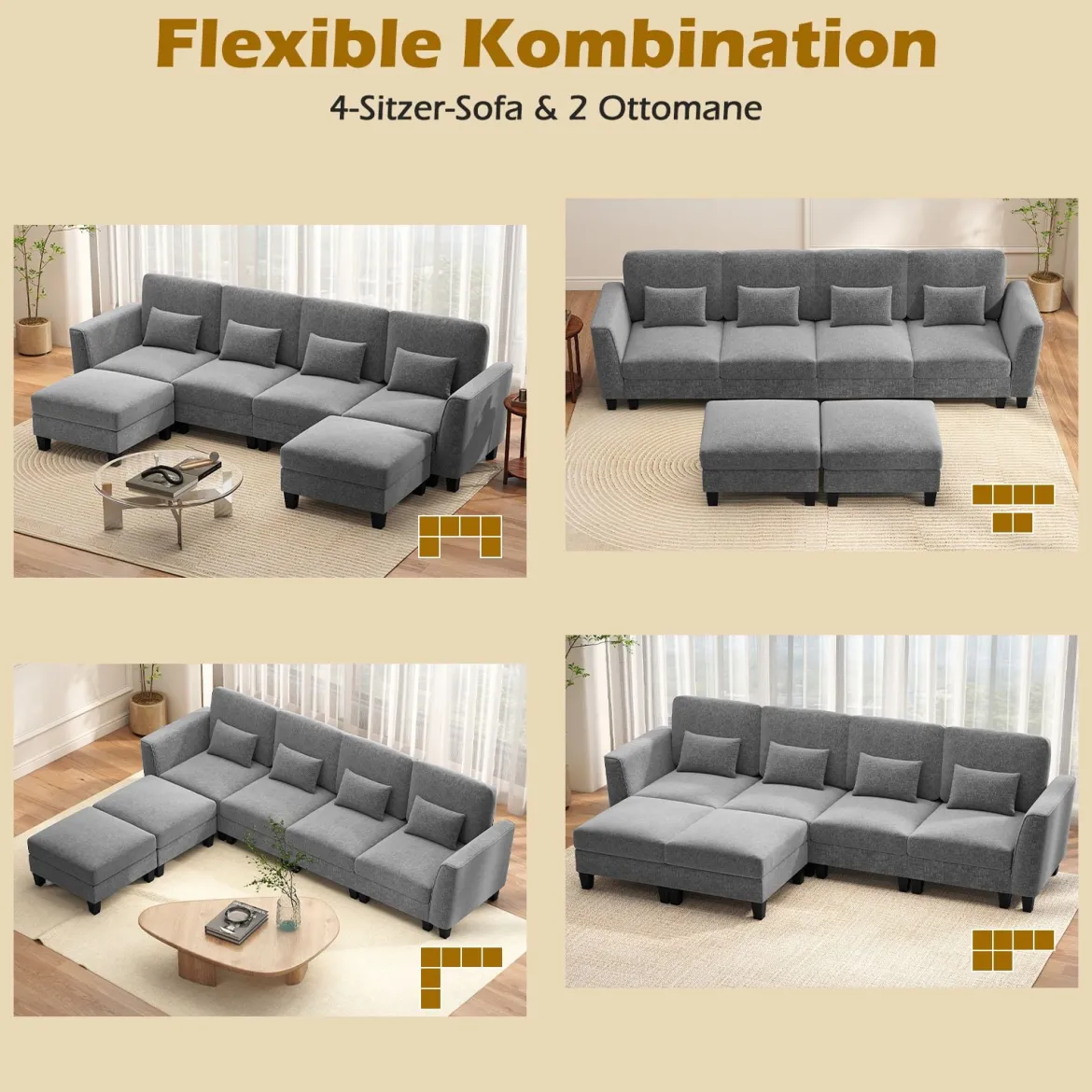 280 cm Ecksofa mit 2 Ottomane U-förmiges modulares Sofa mit USB- & Type-C-Ladeanschlüssen 4-Sitzer Sofa-Set Grau